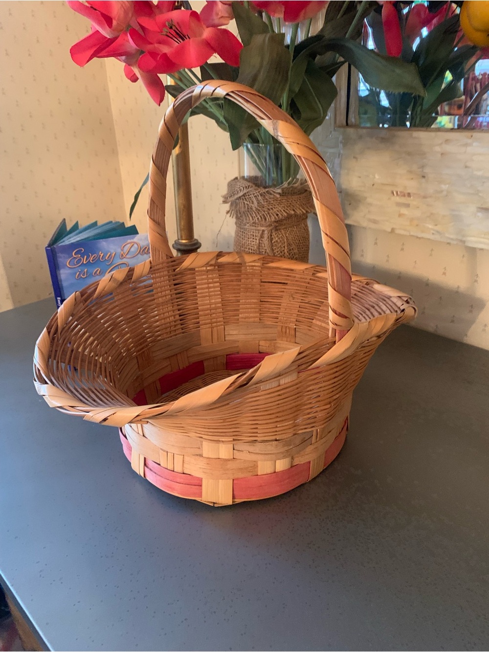 Vintage, OVAL Wicker basket, stamped MADE IN MEXICO, PINK and TAN stripes.